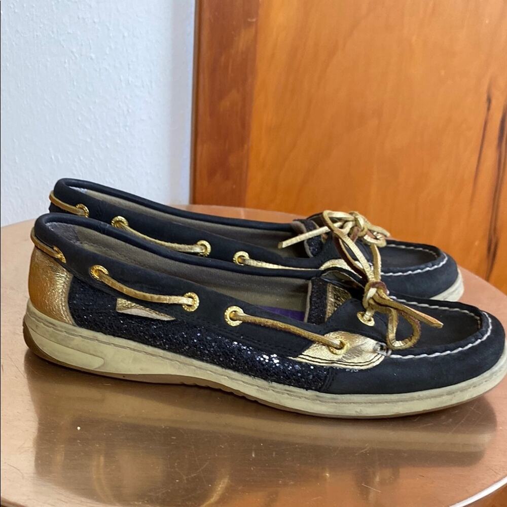 Sperry Black and Gold Boat Shoes Leather Laces
